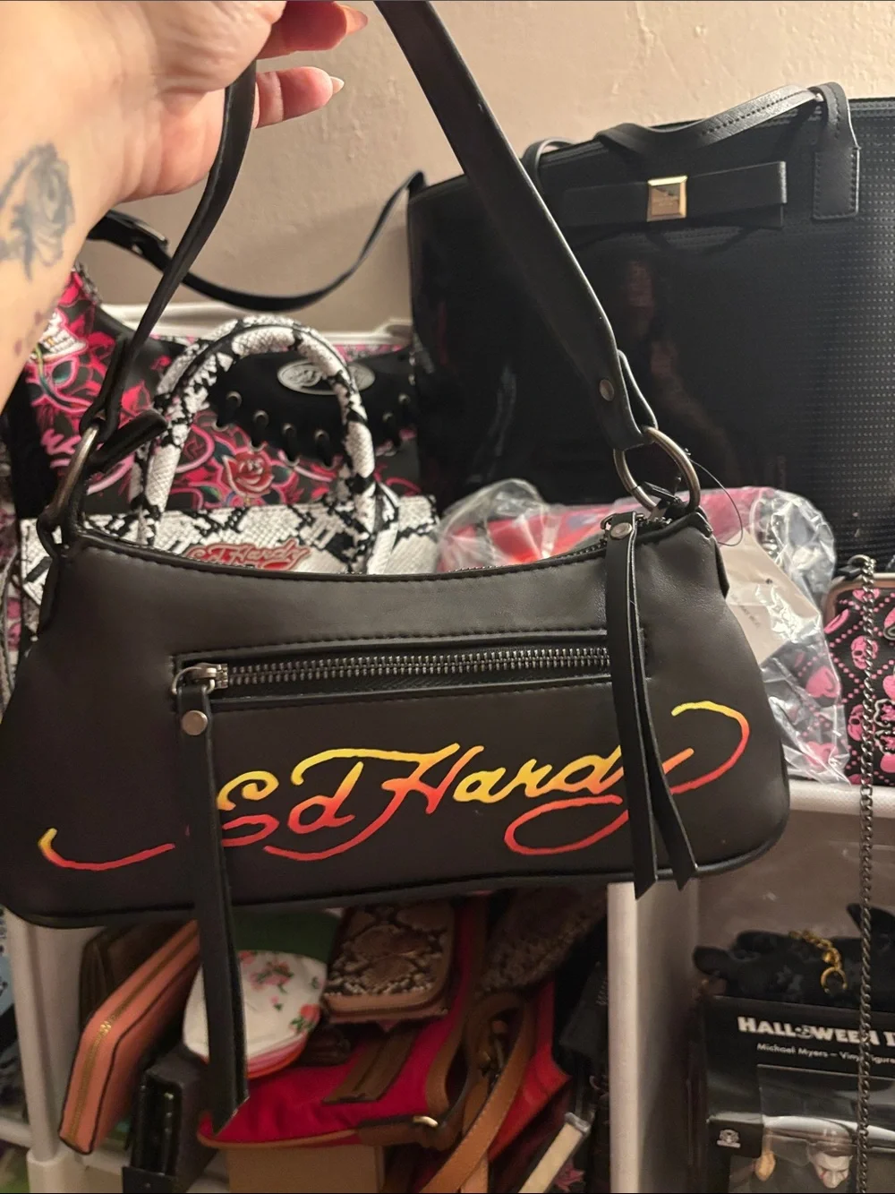 Ed Hardy Red Yellow Floral Skull Shoulder Bag